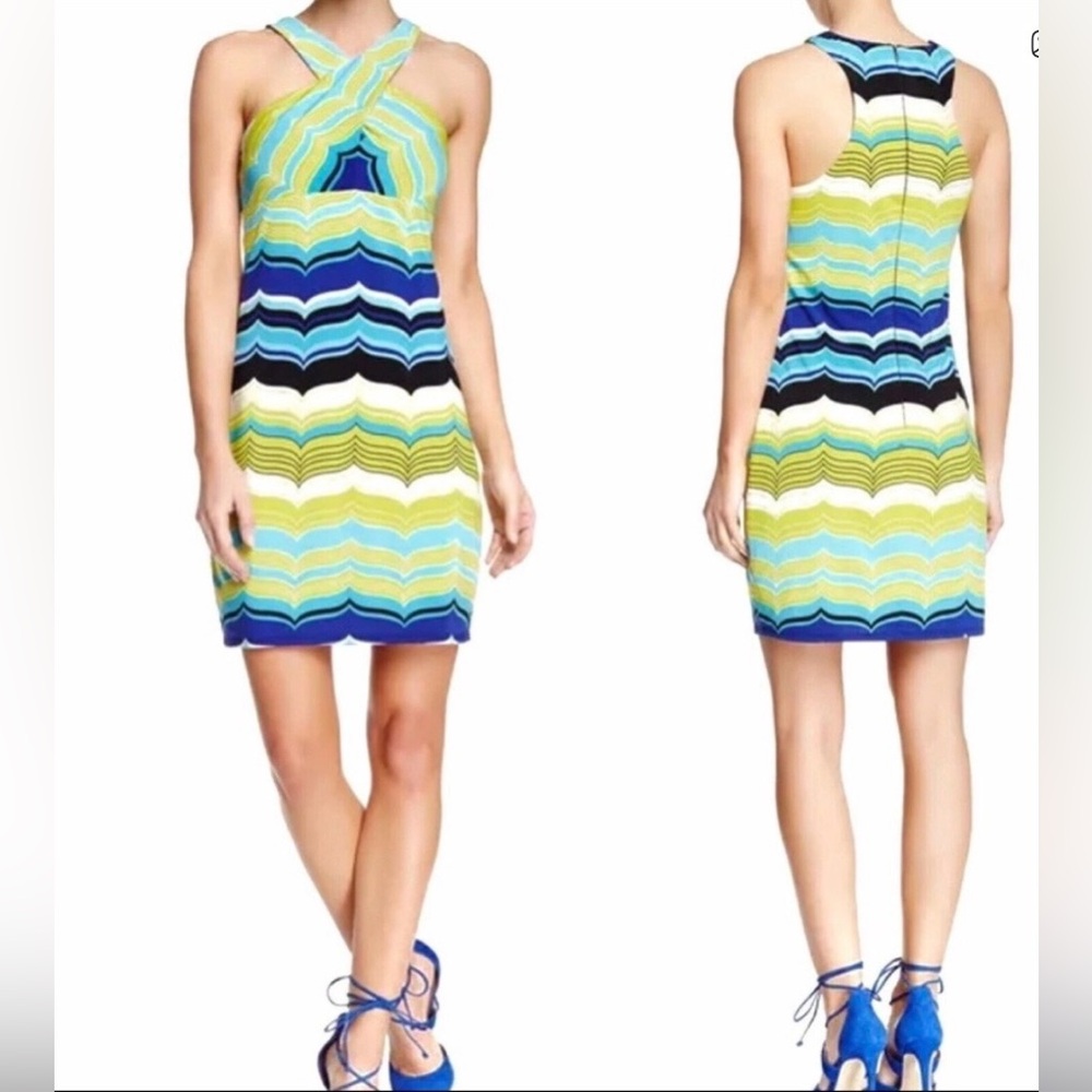 Trina Turk Rochelle Front Criss Cross Neck Blue Black White & Lime Green Dress